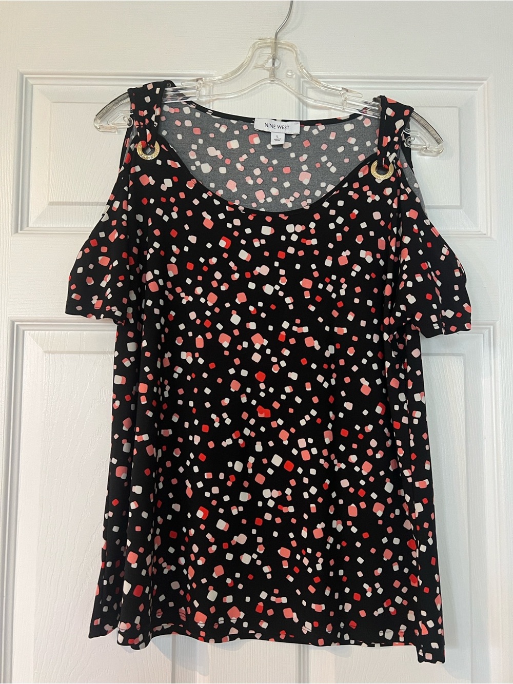 Nine West Black Cold-Shoulder Top with Pink & White Spot Print